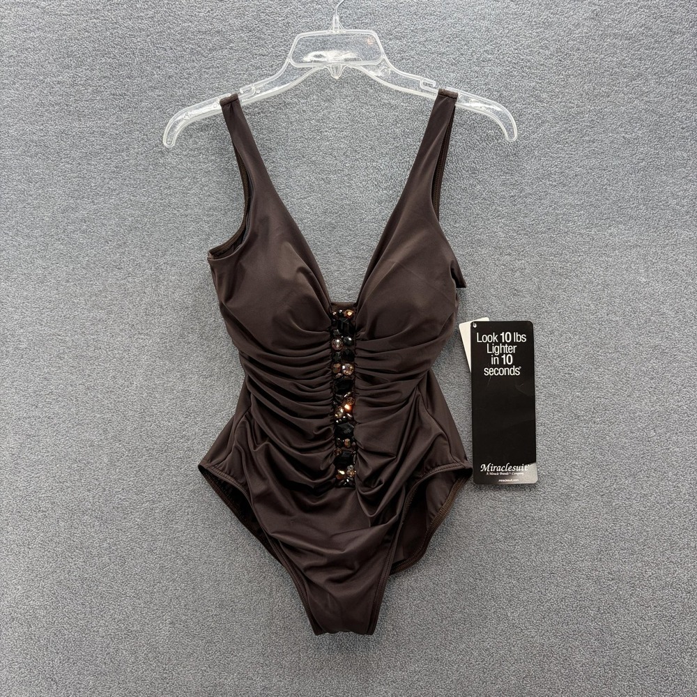 Miraclesuit Swimsuit Womens 12 Brown Jewel Front Beaded Ruched Tummy Control